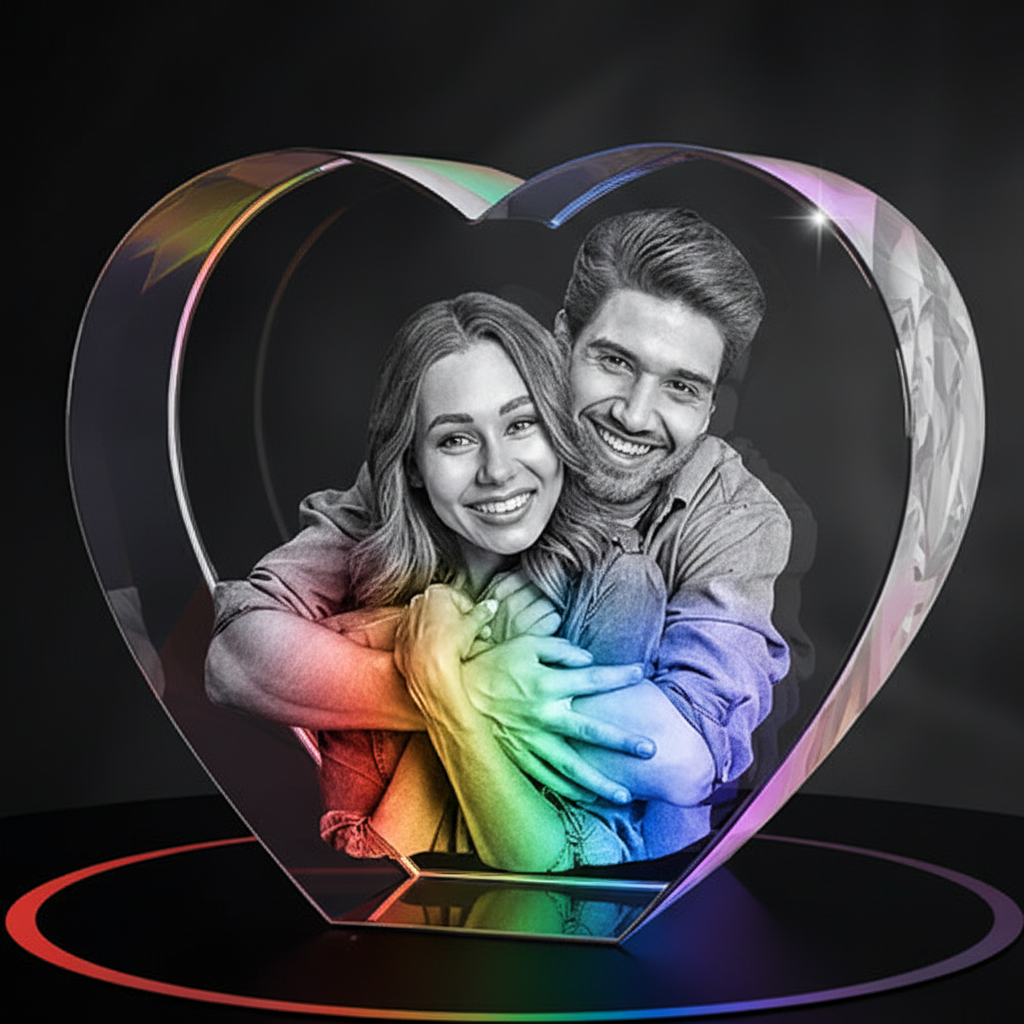 Heart-shaped crystal photo block on RGB color-changing LED light base