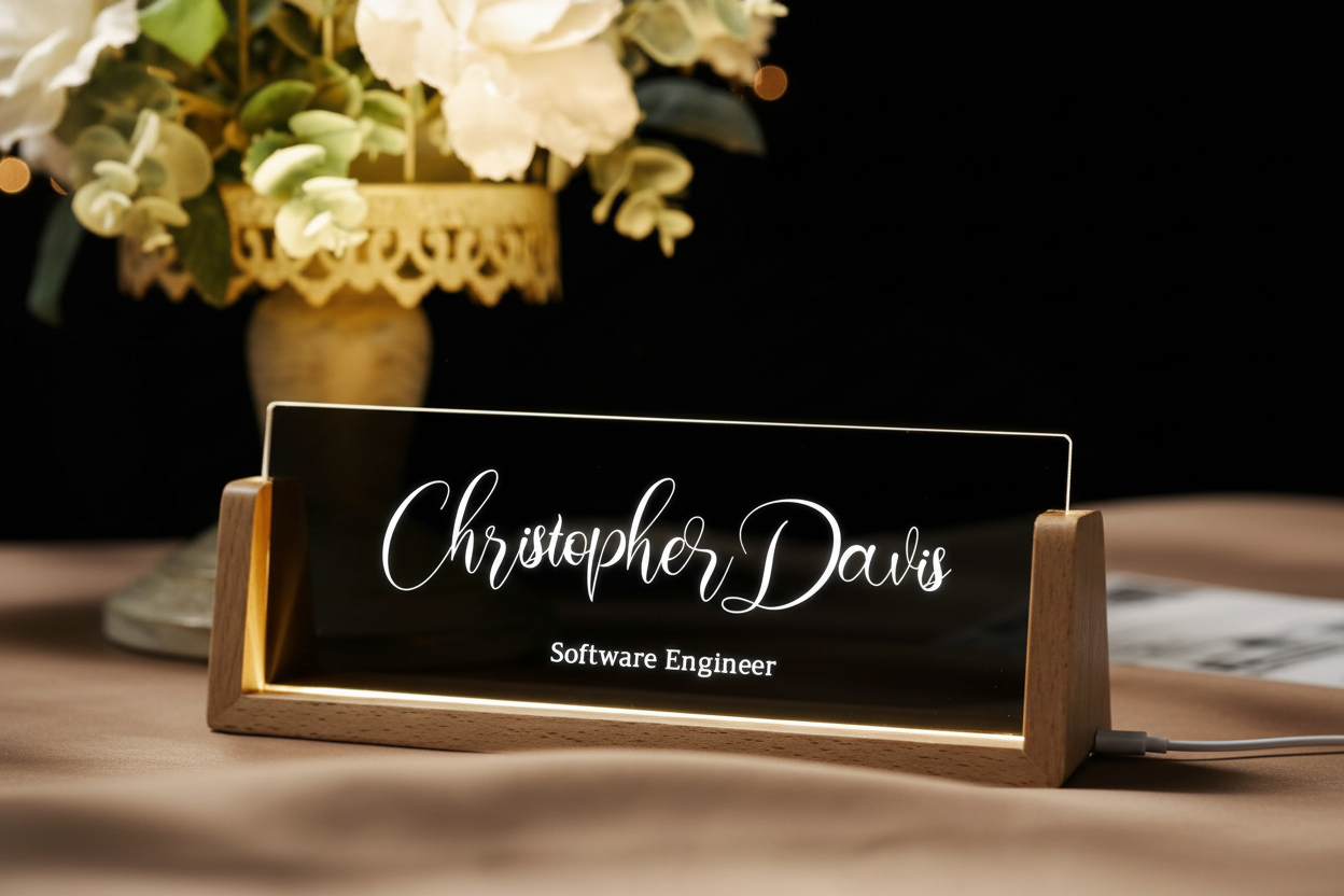 Custom laser-engraved black acrylic LED desk name plate with warm backlight glow