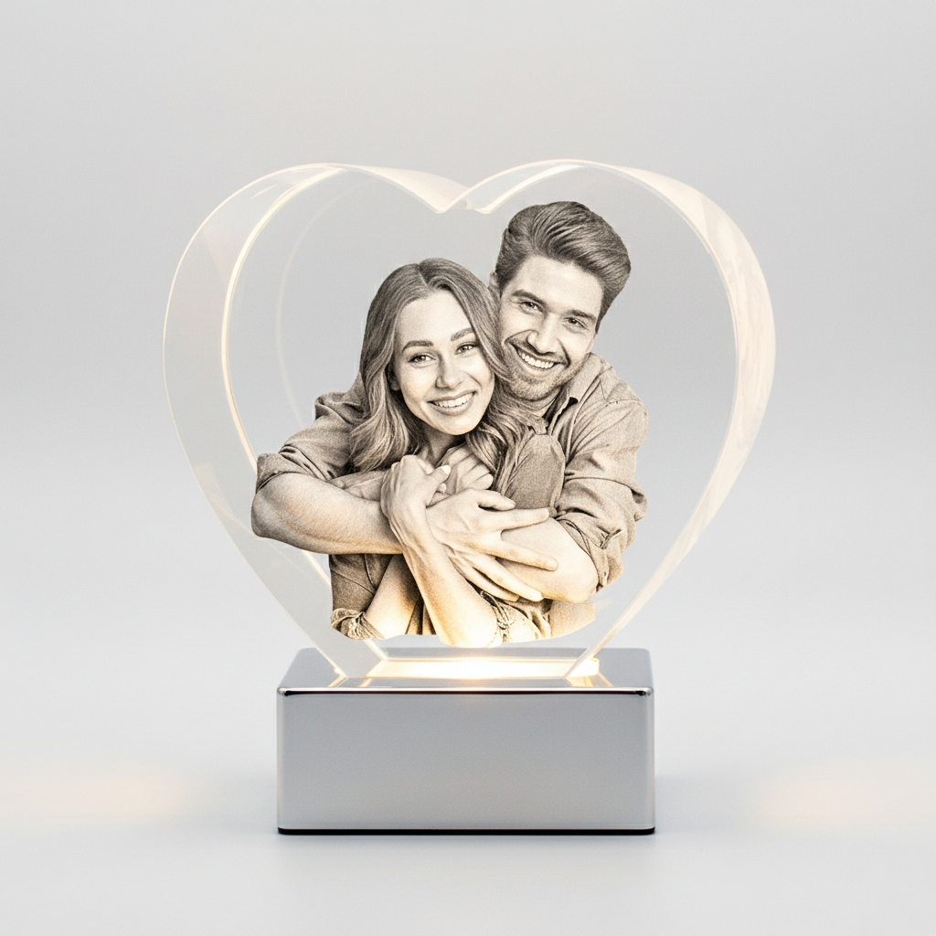Heart-shaped crystal photo block on warm white LED light base